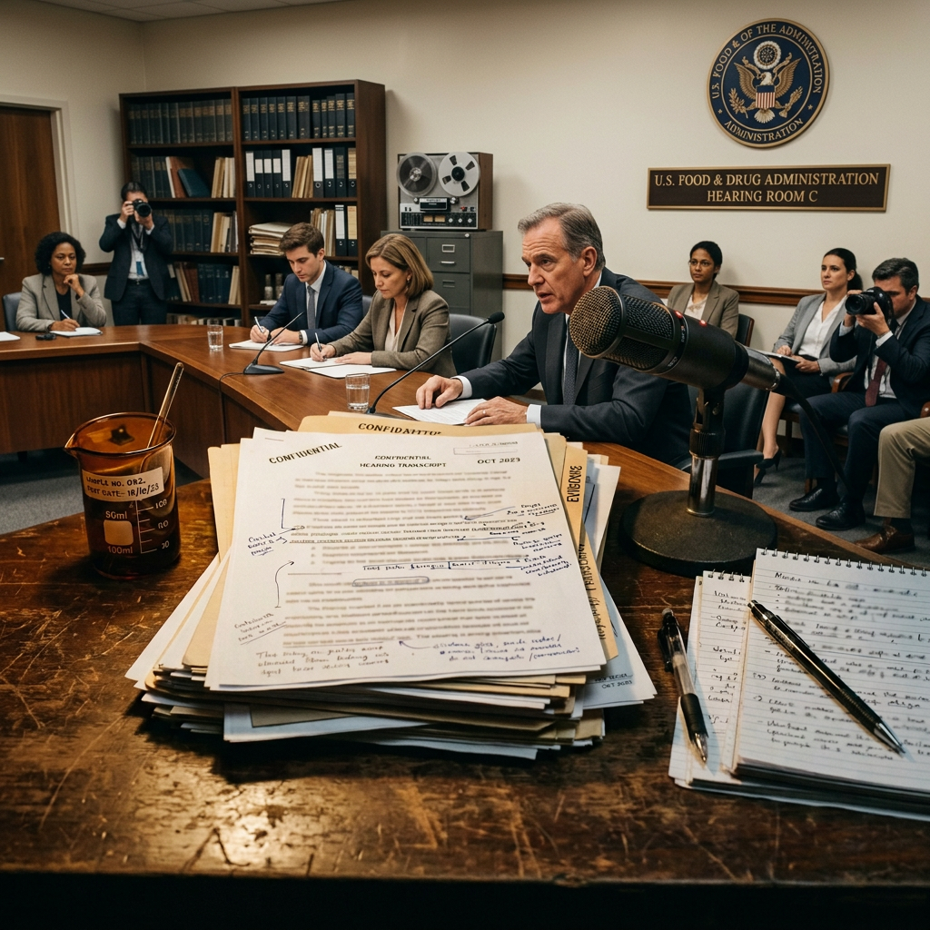 Microphone beside confidential transcripts, notes, and a measuring beaker