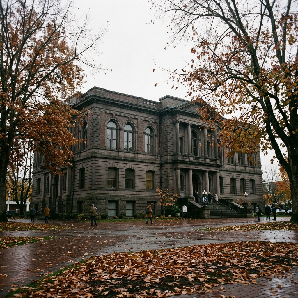 Historic brick courthouse surrounded by autumn trees and fallen leaves